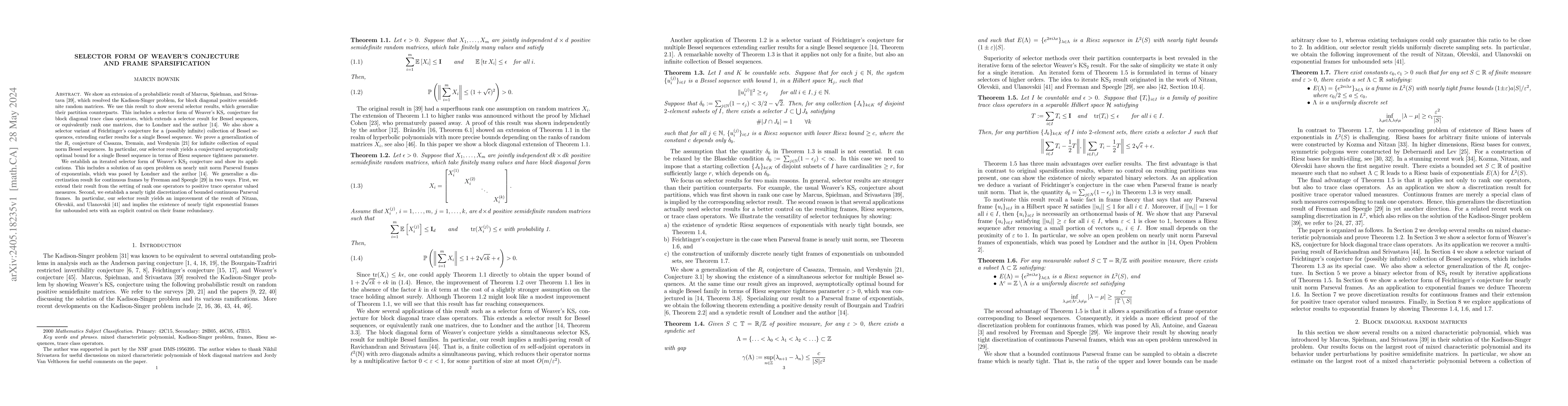 Thumbnail for Selector form of Weaver's conjecture, Feichtinger's conjecture, and
  frame sparsification