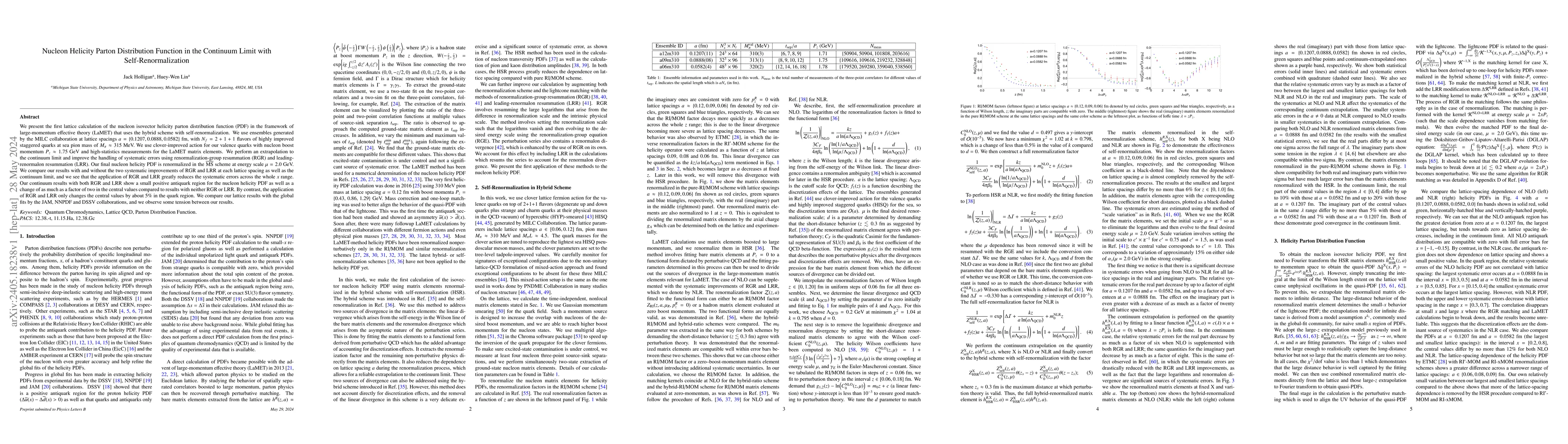 Thumbnail for Nucleon Helicity Parton Distribution Function in the Continuum Limit
  with Self-Renormalization