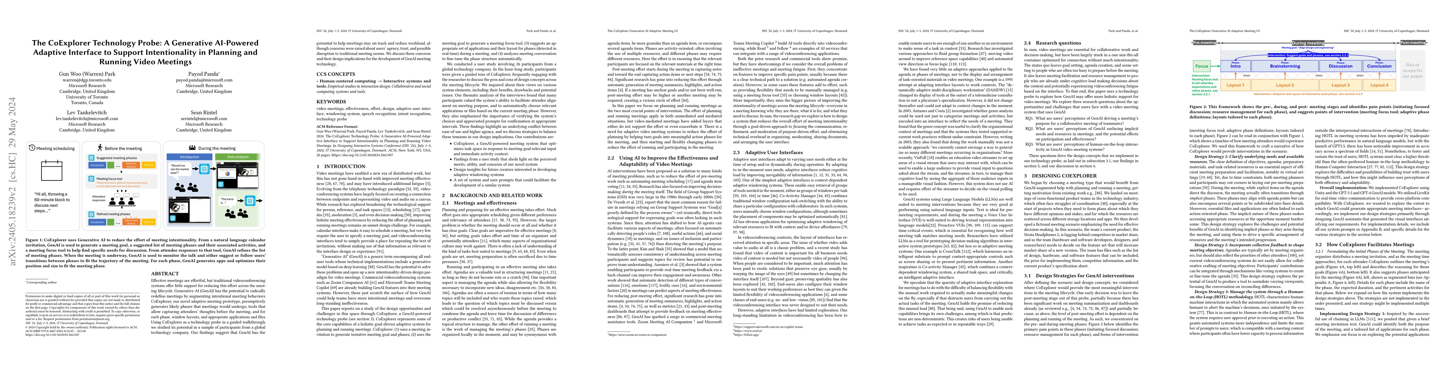 Thumbnail for The CoExplorer Technology Probe: A Generative AI-Powered Adaptive
  Interface to Support Intentionality in Planning and Running Video Meetings