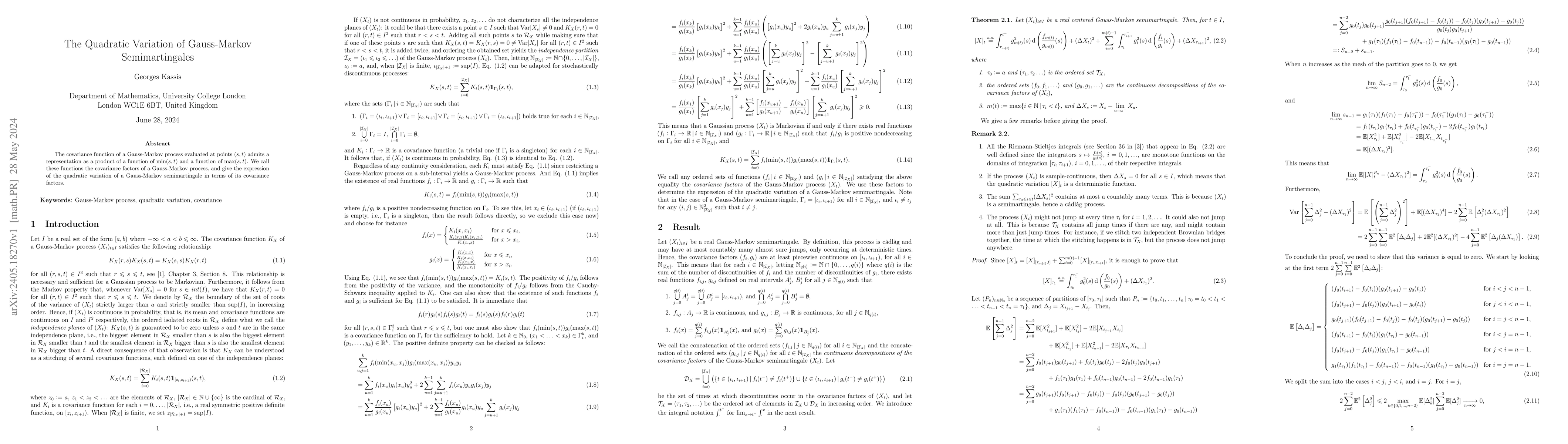 Thumbnail for The Quadratic Variation of Gauss-Markov Semimartingales