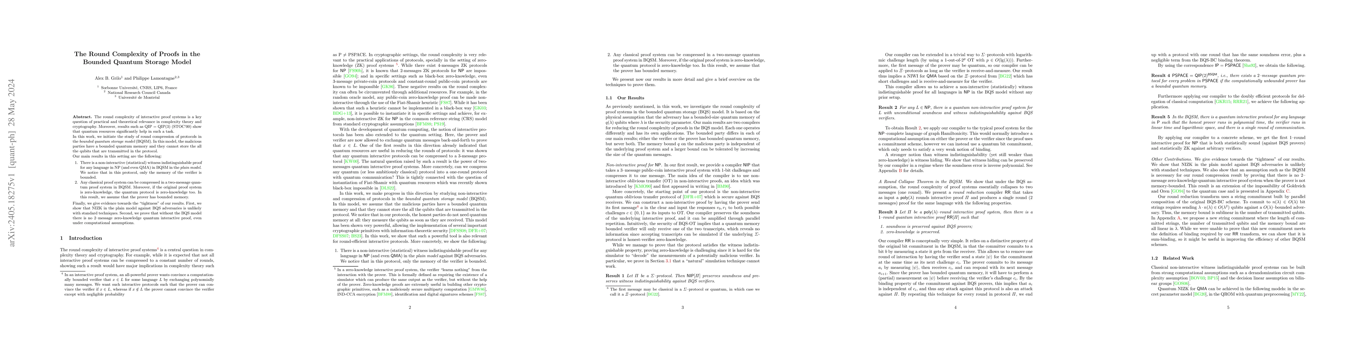 Thumbnail for The Round Complexity of Proofs in the Bounded Quantum Storage Model