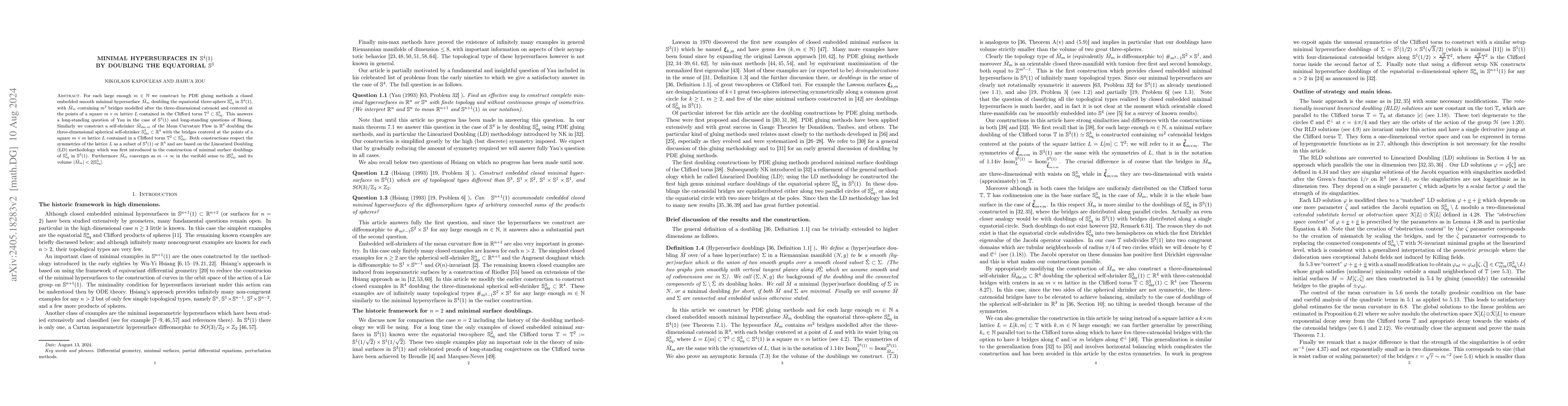 Thumbnail for Minimal hypersurfaces in $\mathbb{S}^{4}(1)$ by doubling the equatorial
  $\mathbb{S}^{3}$