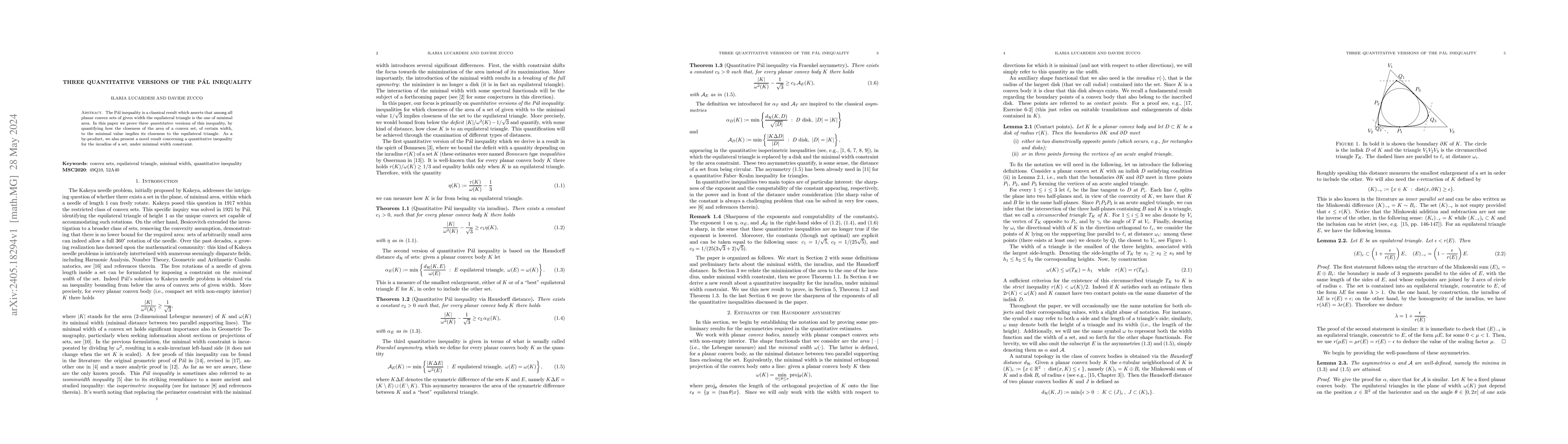 Thumbnail for Three quantitative versions of the P\'al inequality