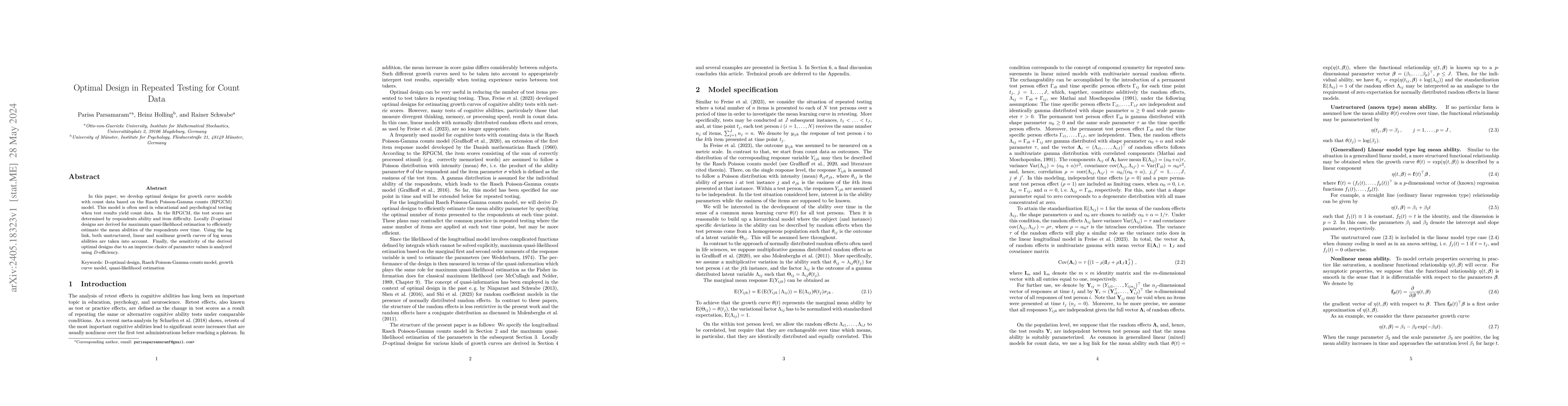 Thumbnail for Optimal Design in Repeated Testing for Count Data