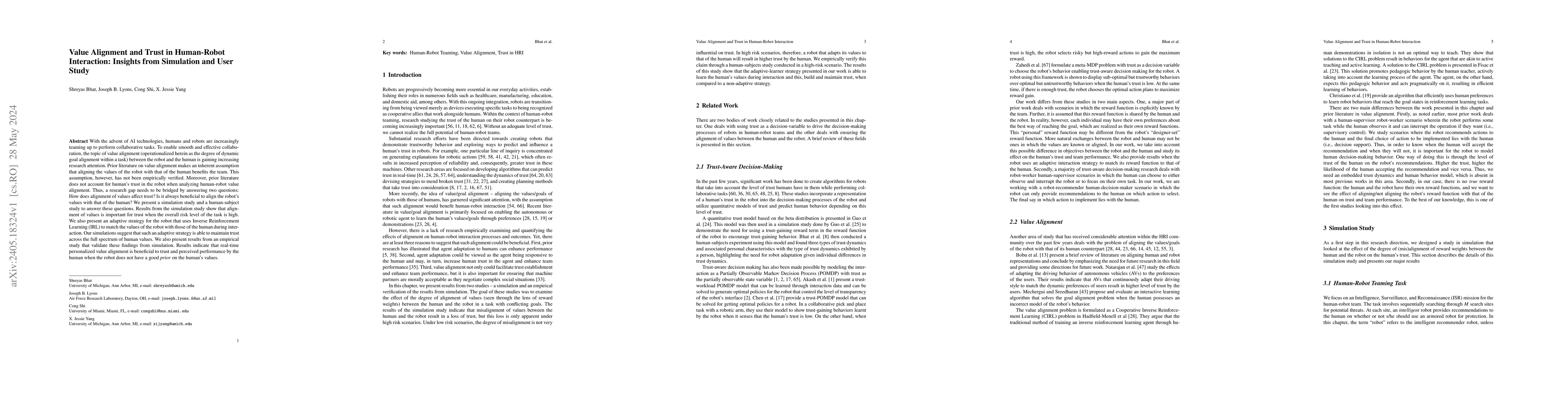 Thumbnail for Value Alignment and Trust in Human-Robot Interaction: Insights from
  Simulation and User Study