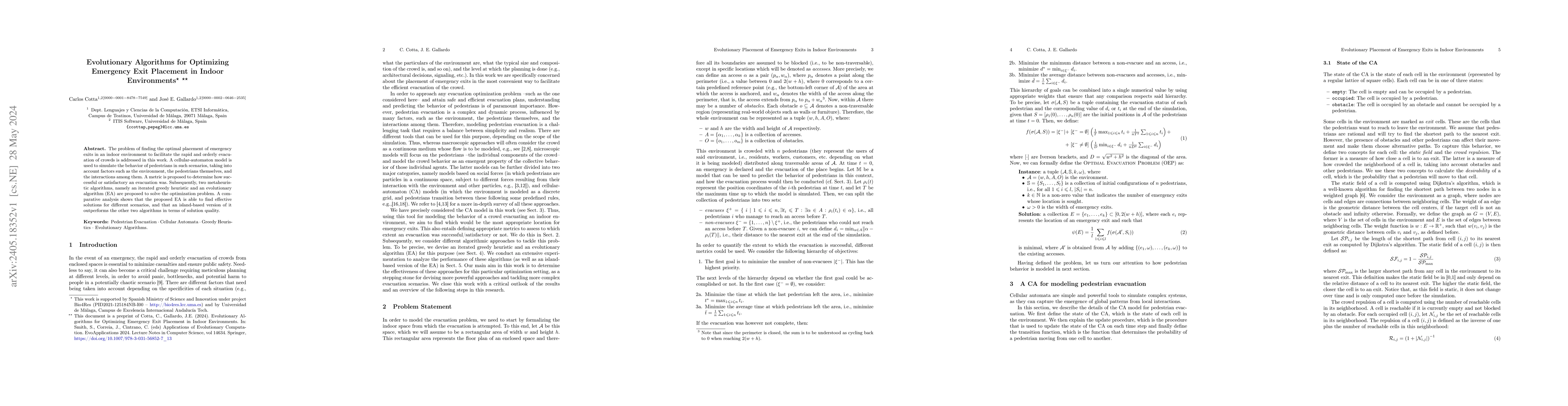 Thumbnail for Evolutionary Algorithms for Optimizing Emergency Exit Placement in
  Indoor Environments