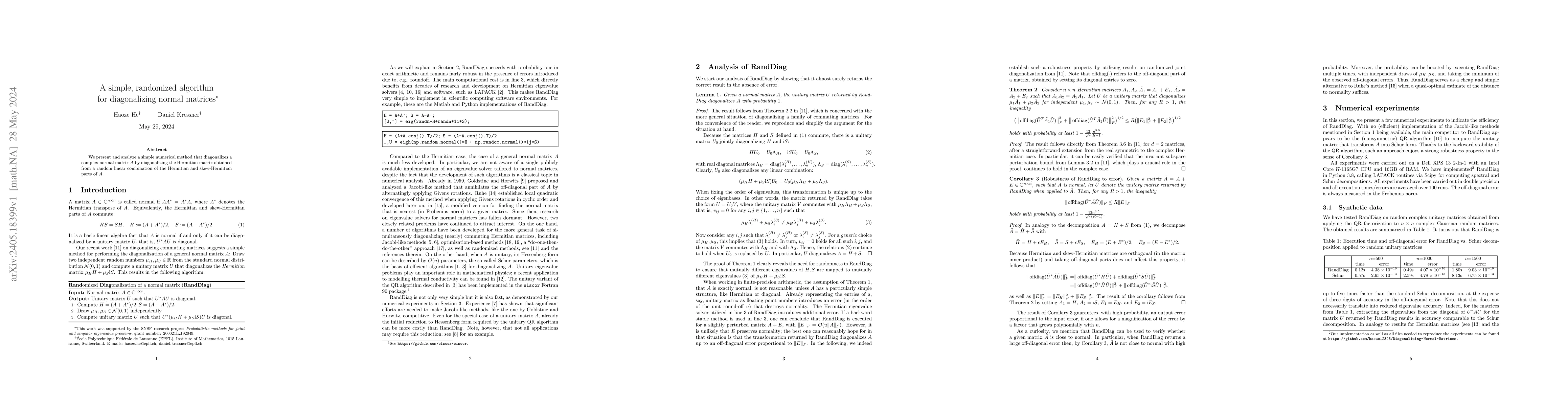 Thumbnail for A simple, randomized algorithm for diagonalizing normal matrices