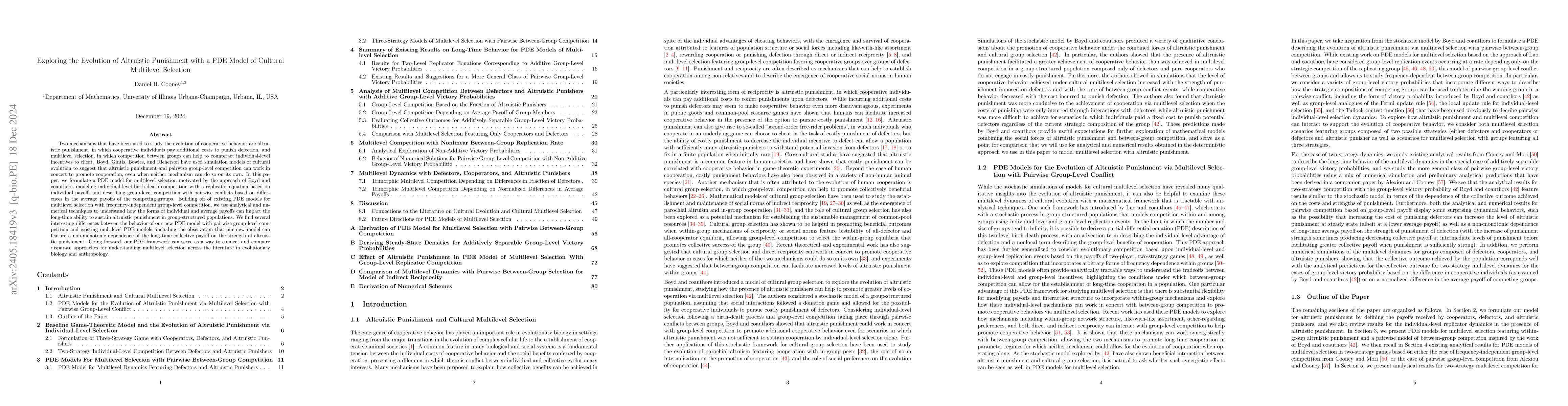 Thumbnail for Exploring the Evolution of Altruistic Punishment with a PDE Model of
  Cultural Multilevel Selection