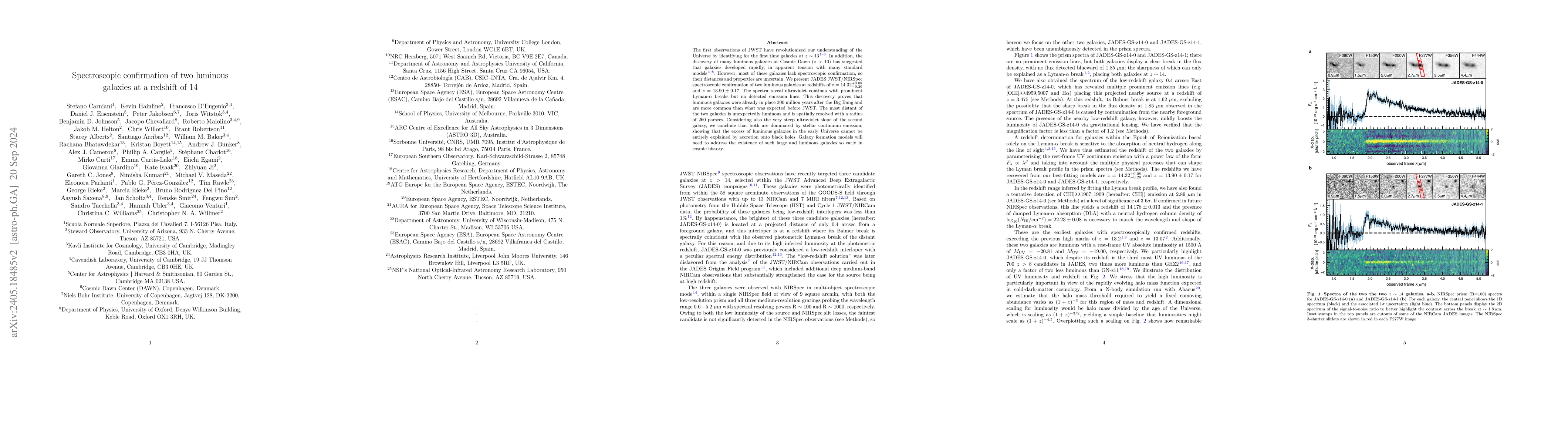 Thumbnail for A shining cosmic dawn: spectroscopic confirmation of two luminous
  galaxies at $z\sim14$