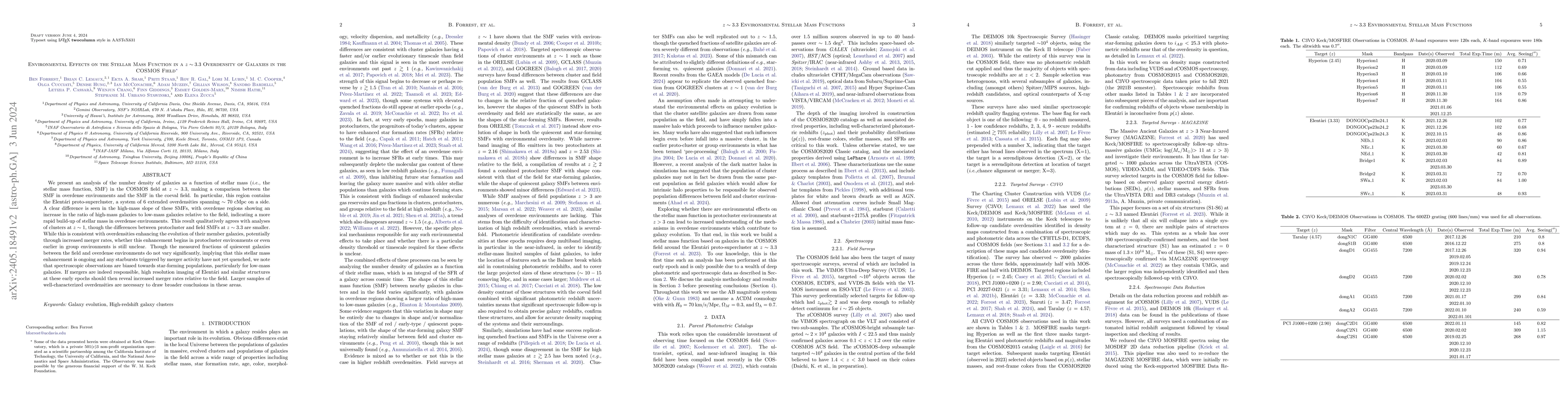 Thumbnail for Environmental Effects on the Stellar Mass Function in a z~3.3
  Overdensity of Galaxies in the COSMOS Field
