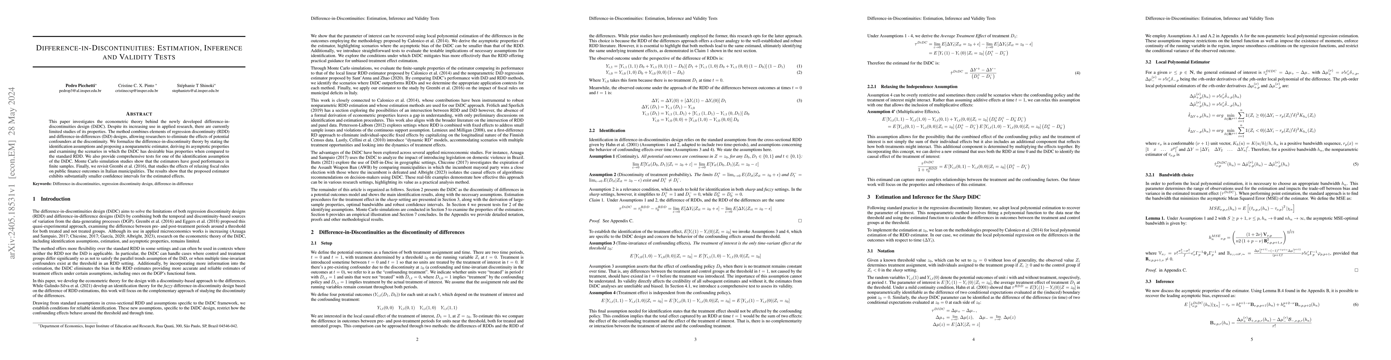 Thumbnail for Difference-in-Discontinuities: Estimation, Inference and Validity Tests
