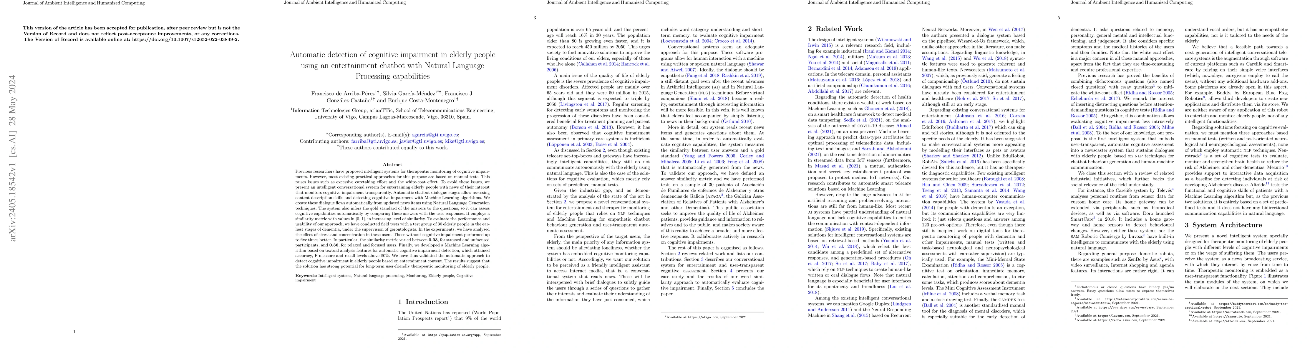 Thumbnail for Automatic detection of cognitive impairment in elderly people using an
  entertainment chatbot with Natural Language Processing capabilities