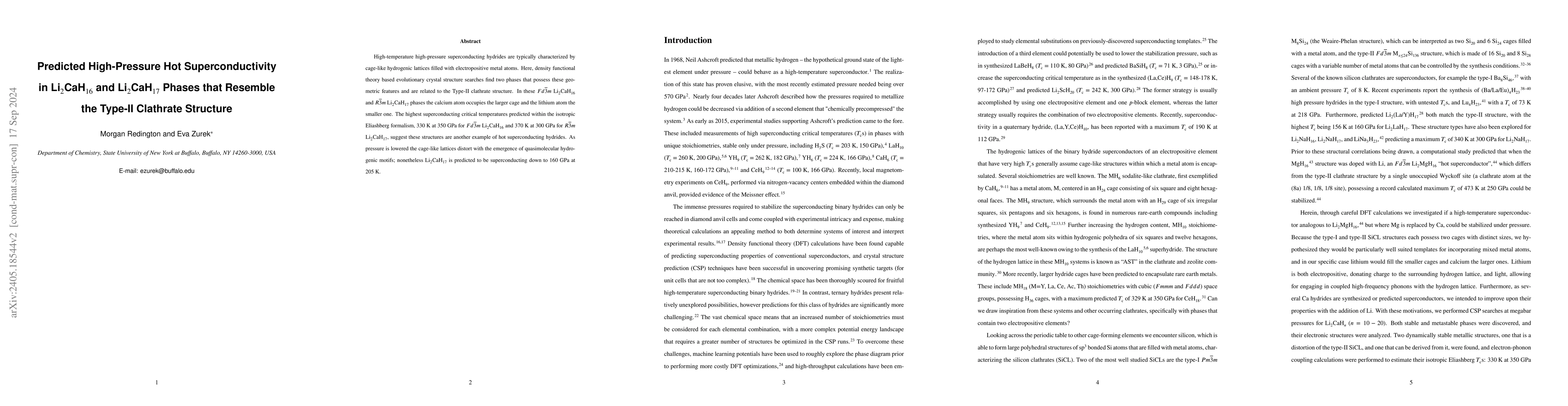Thumbnail for Predicted High-Pressure Hot Superconductivity in Li$_2$CaH$_{16}$ and
  Li$_2$CaH$_{17}$ Phases that Resemble the Type-II Clathrate Structure