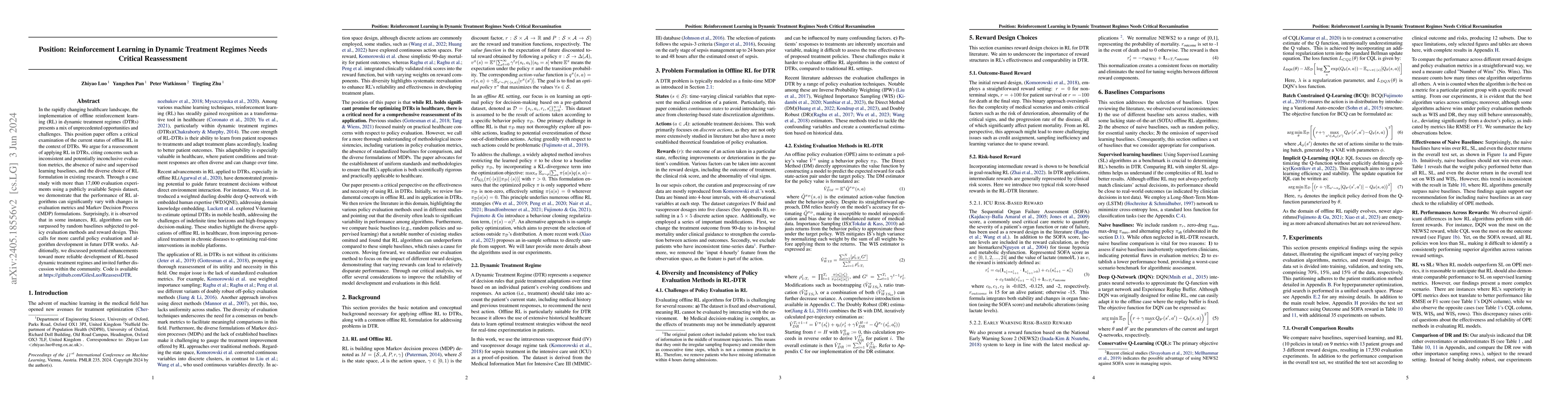 Thumbnail for Reinforcement Learning in Dynamic Treatment Regimes Needs Critical
  Reexamination