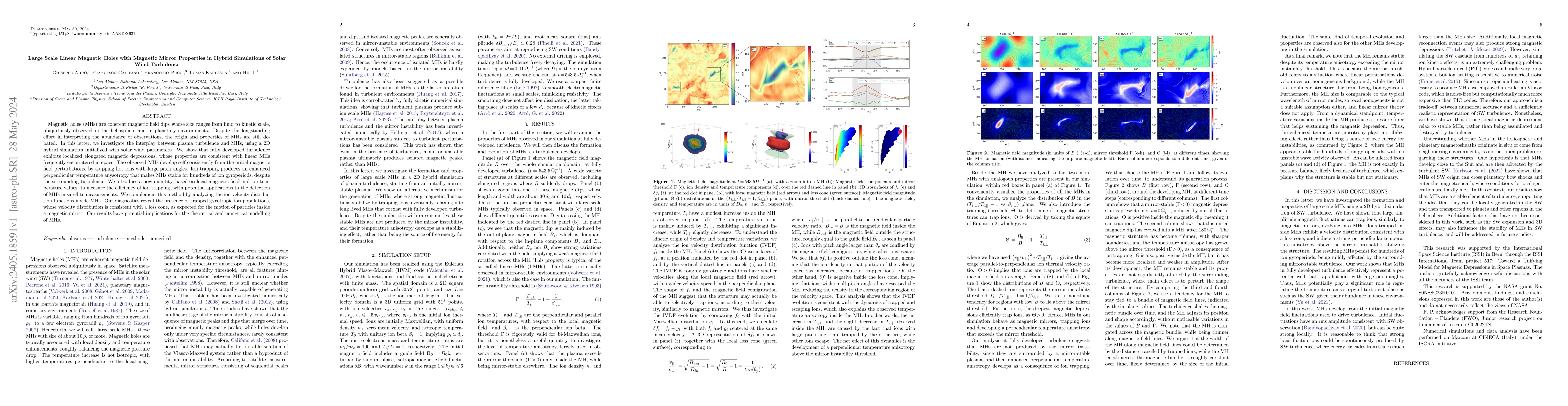 Thumbnail for Large Scale Linear Magnetic Holes with Magnetic Mirror Properties in
  Hybrid Simulations of Solar Wind Turbulence