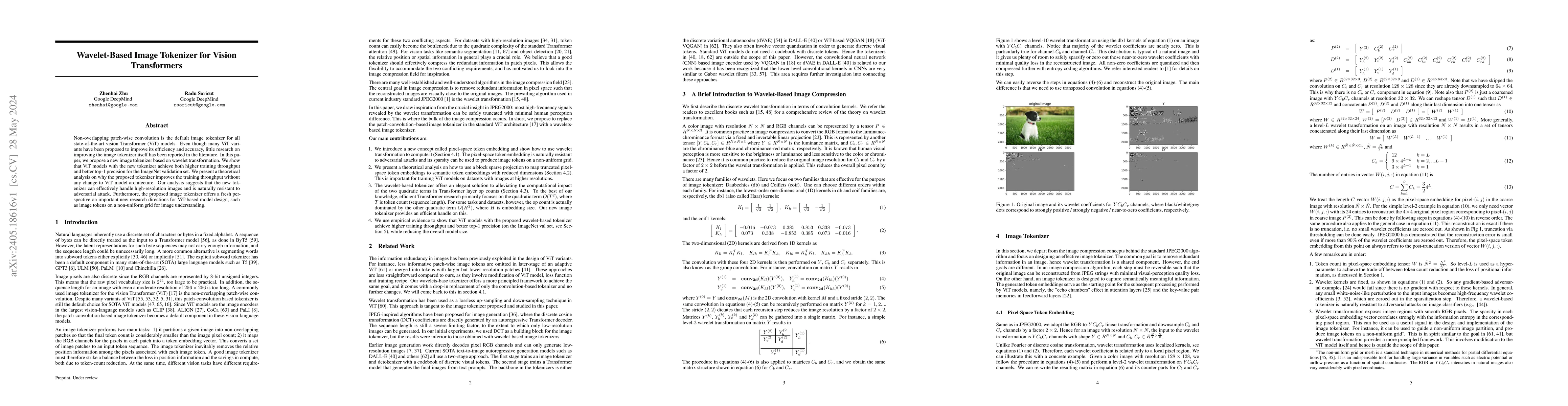 Thumbnail for Wavelet-Based Image Tokenizer for Vision Transformers