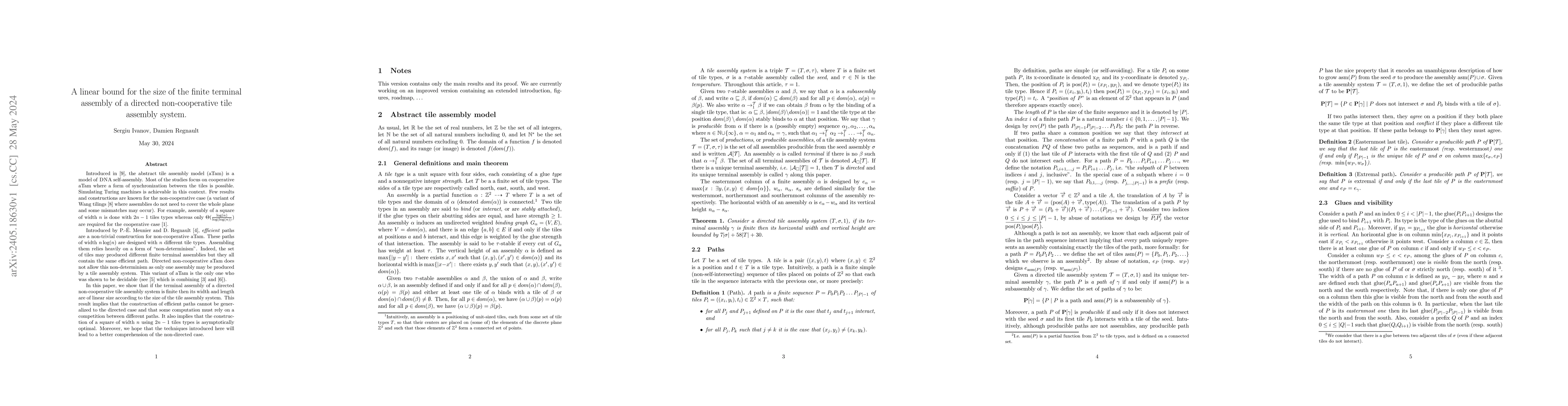 Thumbnail for A linear bound for the size of the finite terminal assembly of a
  directed non-cooperative tile assembly system