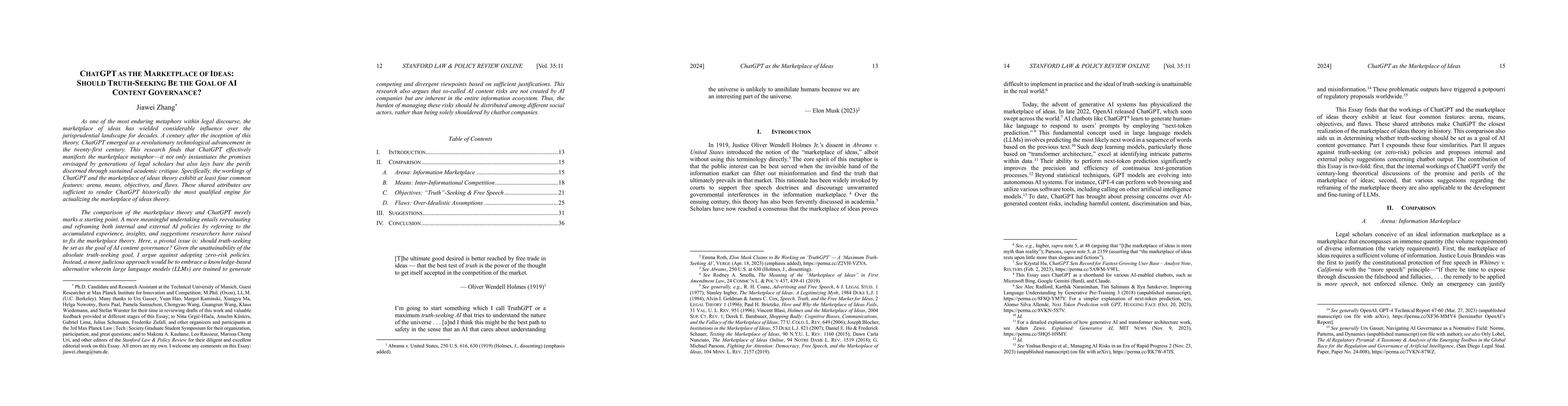 Thumbnail for ChatGPT as the Marketplace of Ideas: Should Truth-Seeking Be the Goal of
  AI Content Governance?