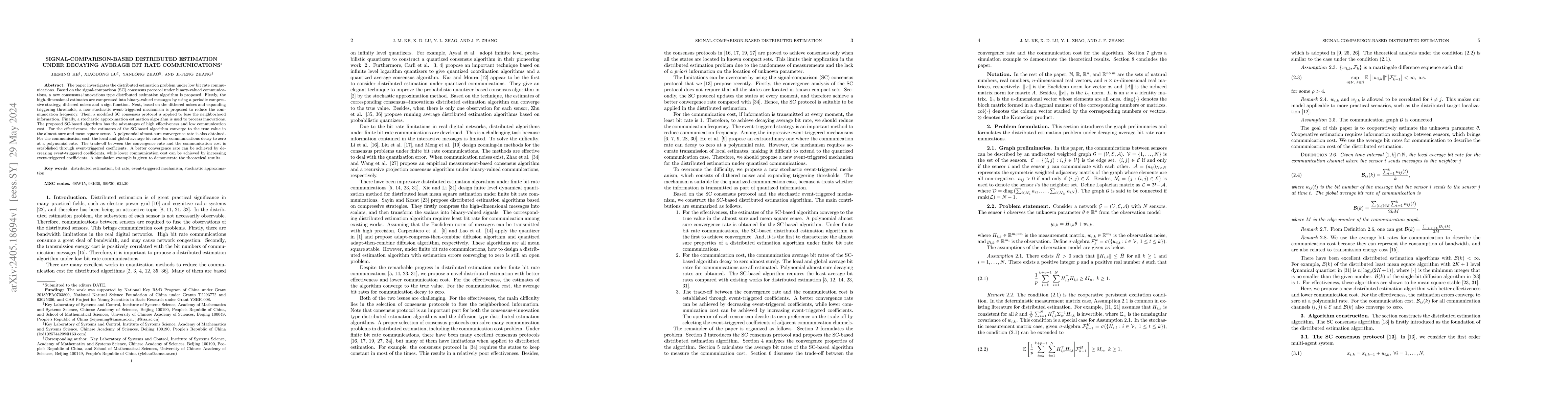 Thumbnail for Signal-Comparison-Based Distributed Estimation Under Decaying Average
  Bit Rate Communications