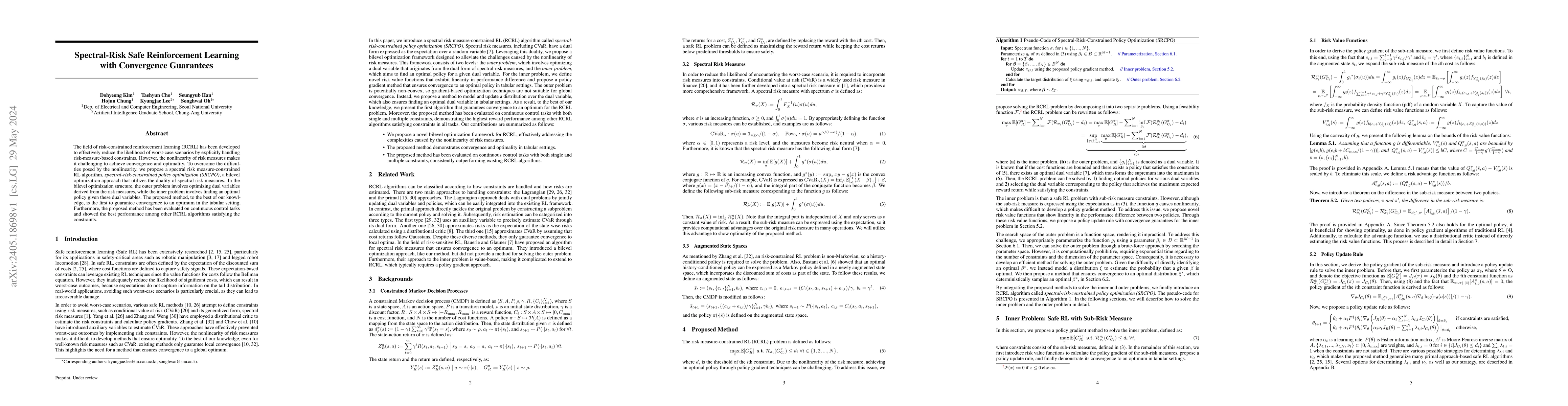 Thumbnail for Spectral-Risk Safe Reinforcement Learning with Convergence Guarantees