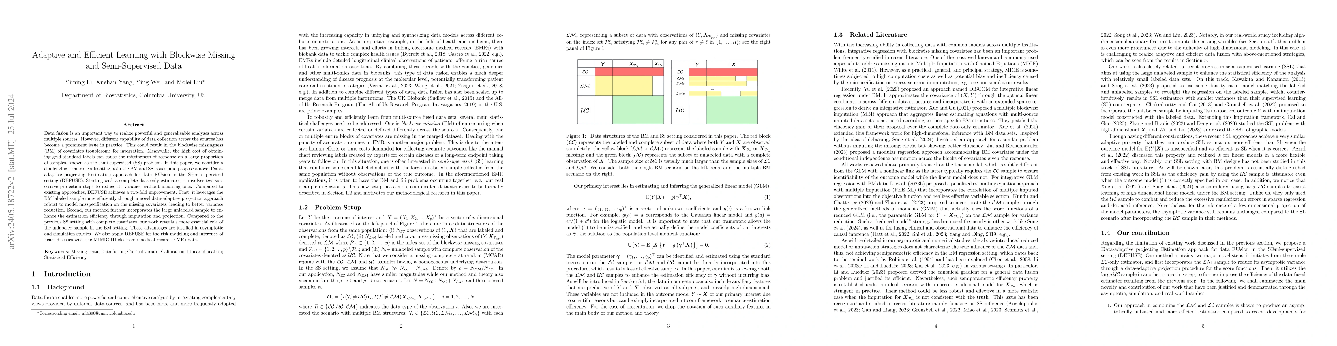 Thumbnail for Adaptive and Efficient Learning with Blockwise Missing and
  Semi-Supervised Data