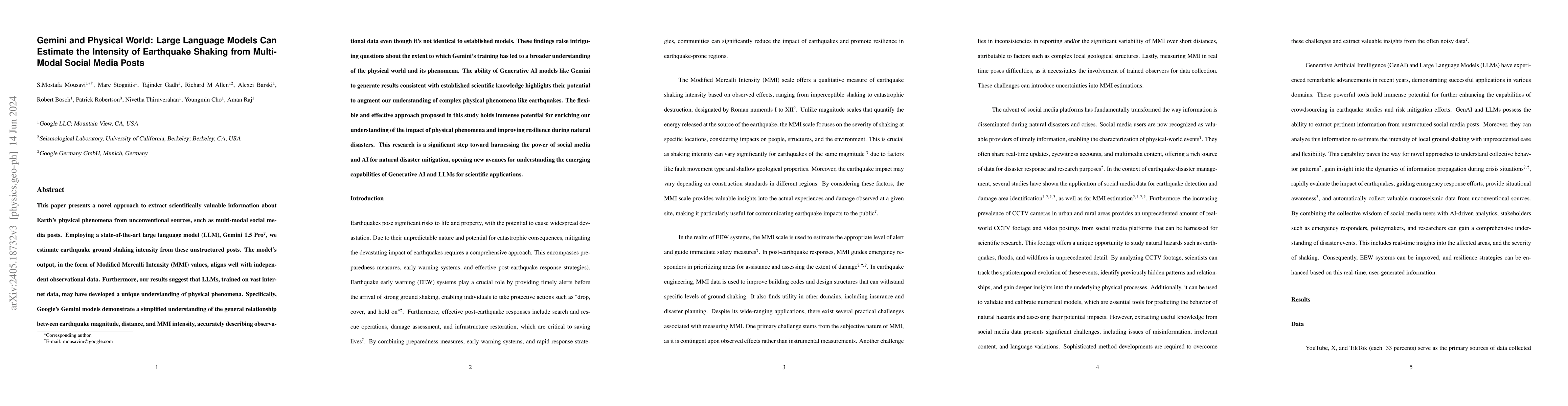 Thumbnail for Gemini & Physical World: Large Language Models Can Estimate the
  Intensity of Earthquake Shaking from Multi-Modal Social Media Posts