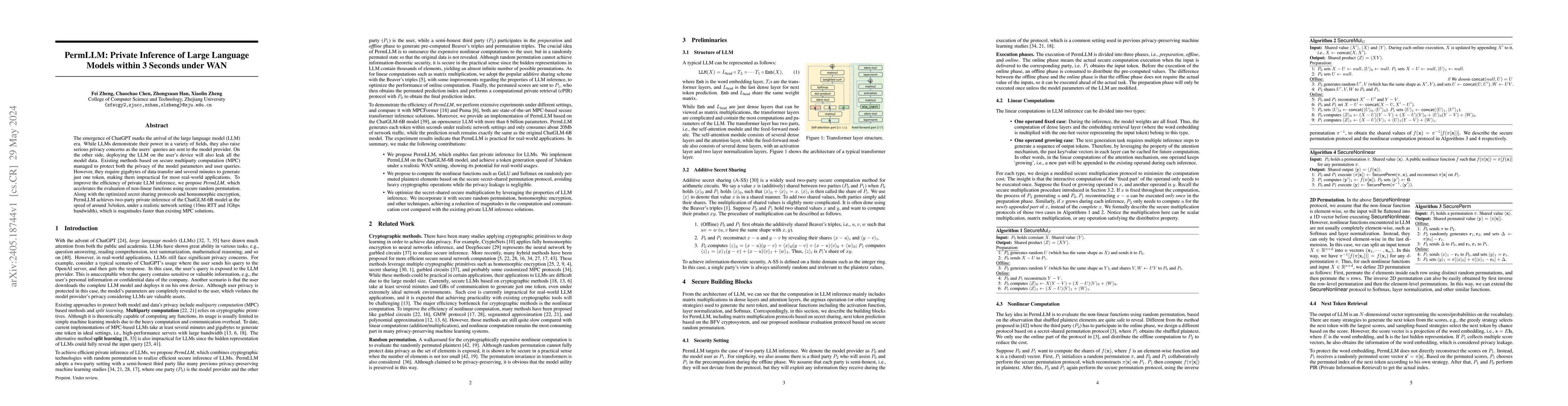 Thumbnail for PermLLM: Private Inference of Large Language Models within 3 Seconds
  under WAN