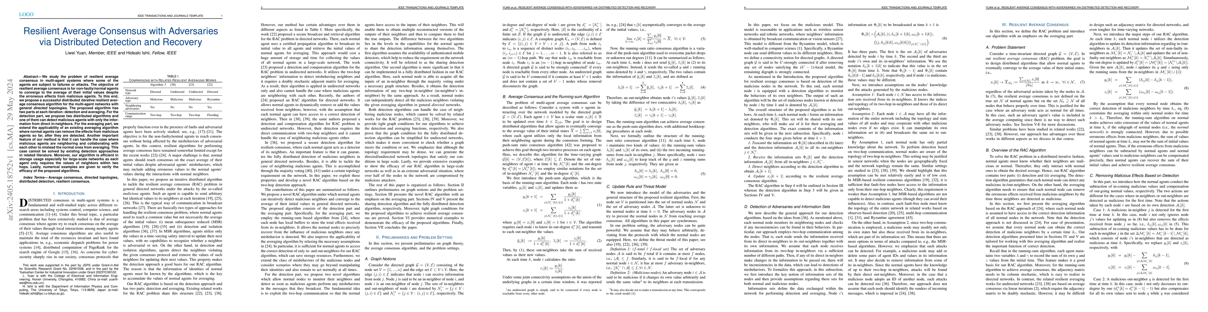 Thumbnail for Resilient Average Consensus with Adversaries via Distributed Detection
  and Recovery