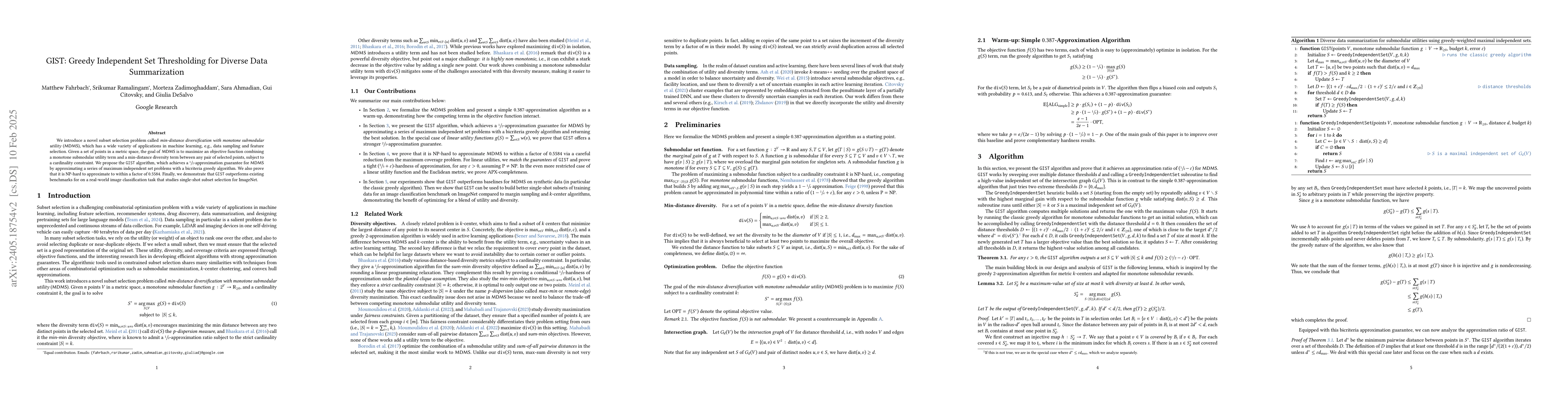 Thumbnail for GIST: Greedy Independent Set Thresholding for Diverse Data Summarization