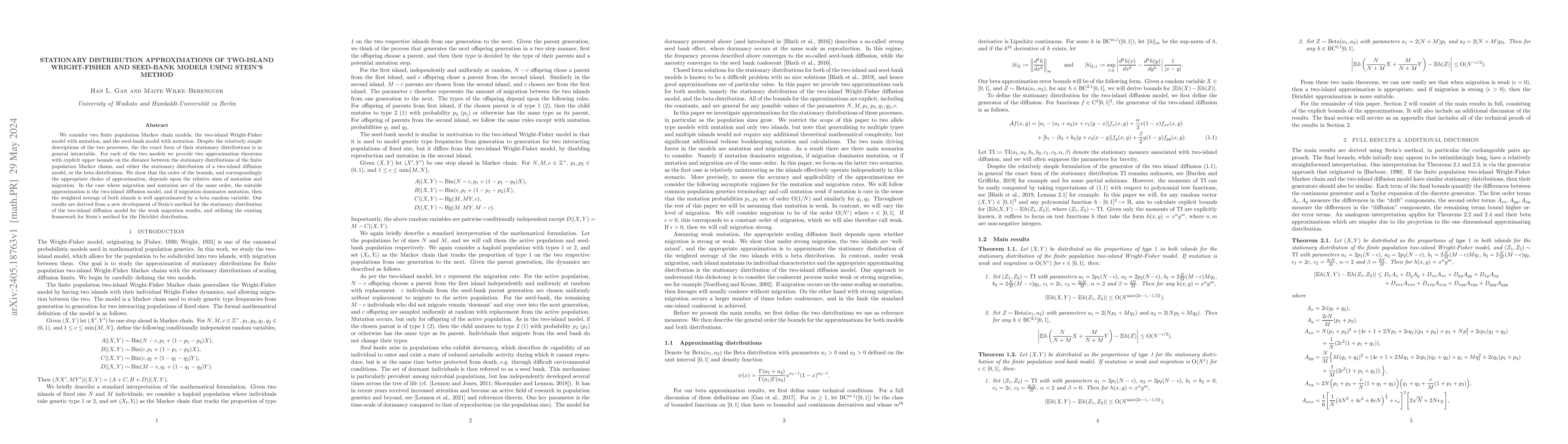 Thumbnail for Stationary distribution approximations of Two-island Wright-Fisher and
  seed-bank models using Stein's method