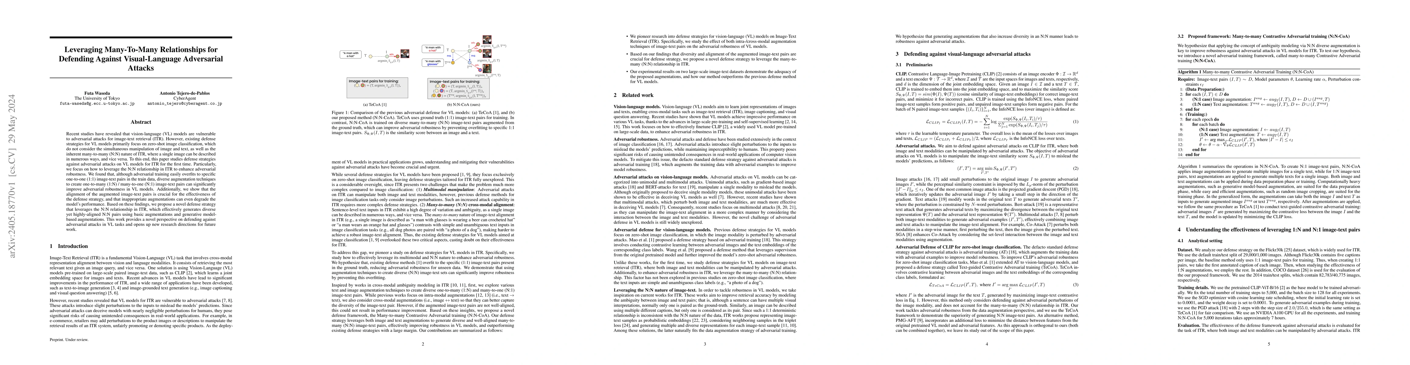 Thumbnail for Leveraging Many-To-Many Relationships for Defending Against
  Visual-Language Adversarial Attacks