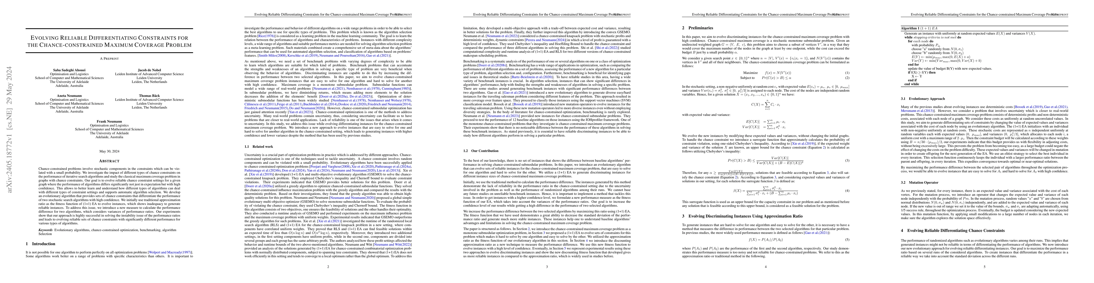 Thumbnail for Evolving Reliable Differentiating Constraints for the Chance-constrained
  Maximum Coverage Problem