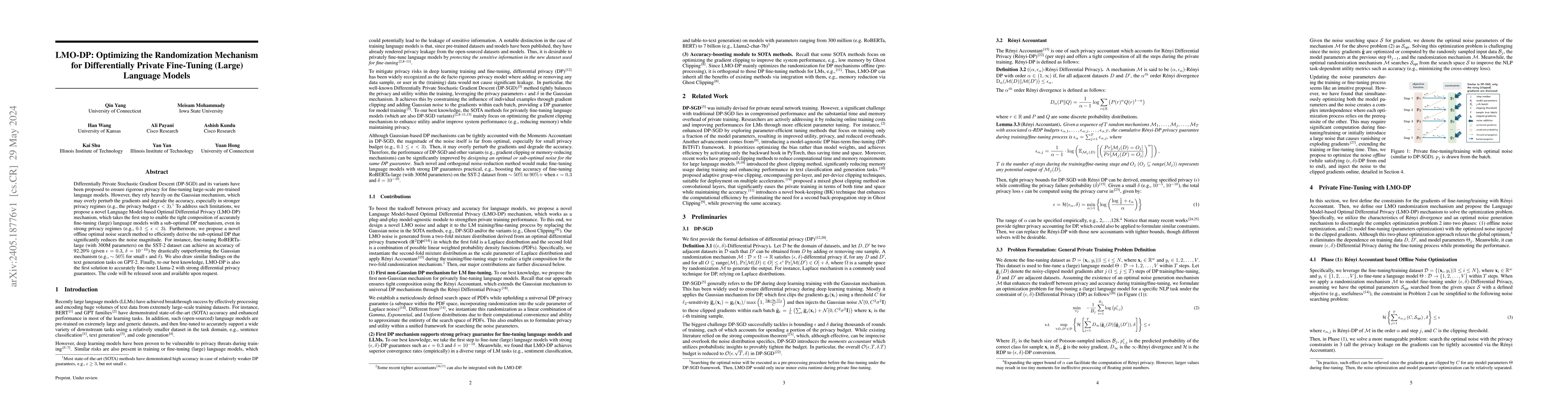 Thumbnail for LMO-DP: Optimizing the Randomization Mechanism for Differentially
  Private Fine-Tuning (Large) Language Models