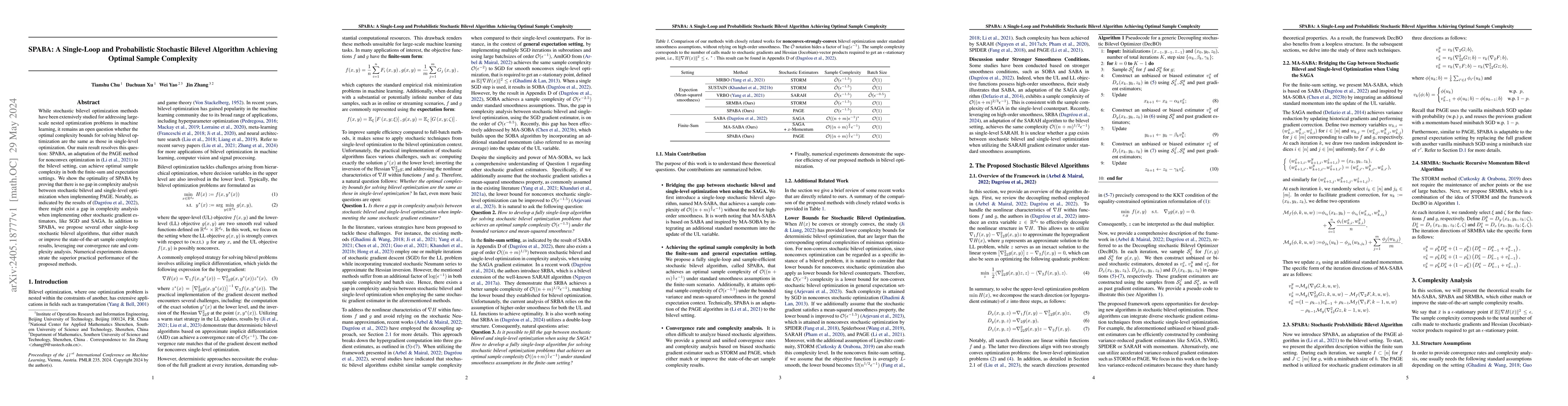 Thumbnail for SPABA: A Single-Loop and Probabilistic Stochastic Bilevel Algorithm
  Achieving Optimal Sample Complexity