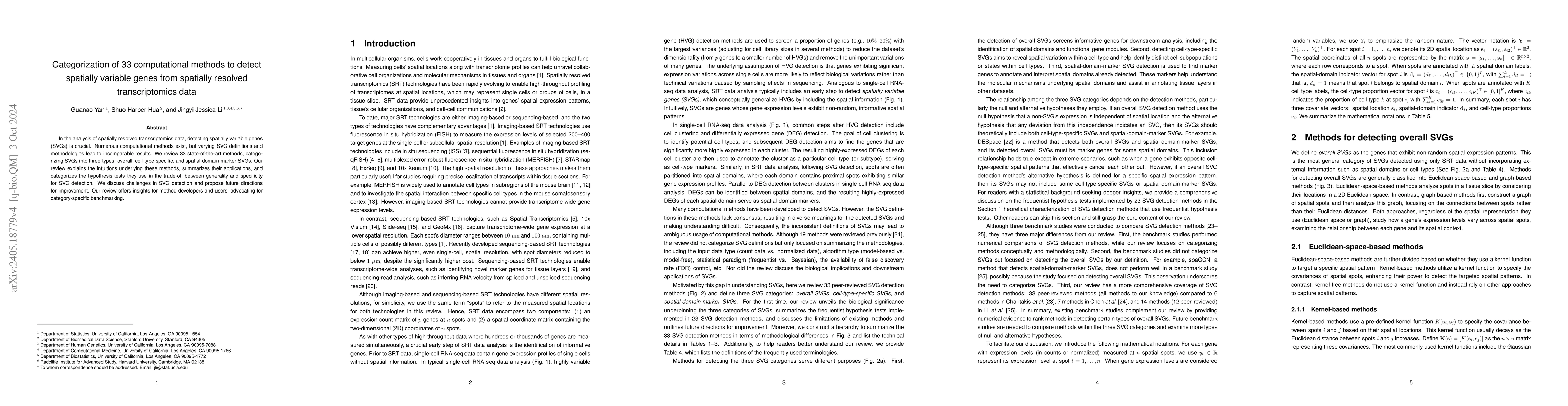 Thumbnail for Categorization of 31 computational methods to detect spatially variable
  genes from spatially resolved transcriptomics data