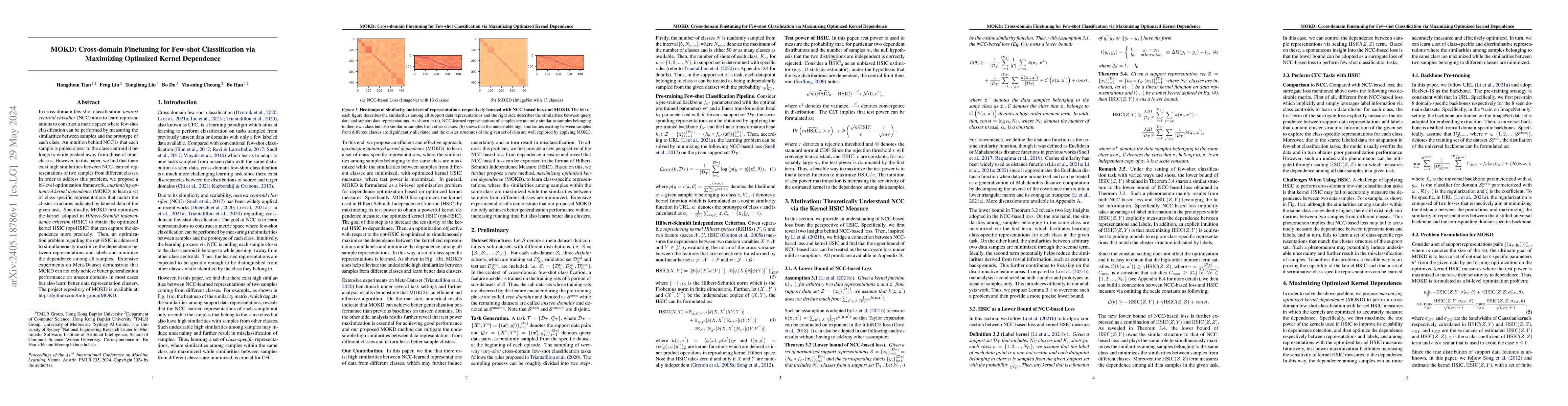 Thumbnail for MOKD: Cross-domain Finetuning for Few-shot Classification via Maximizing
  Optimized Kernel Dependence
