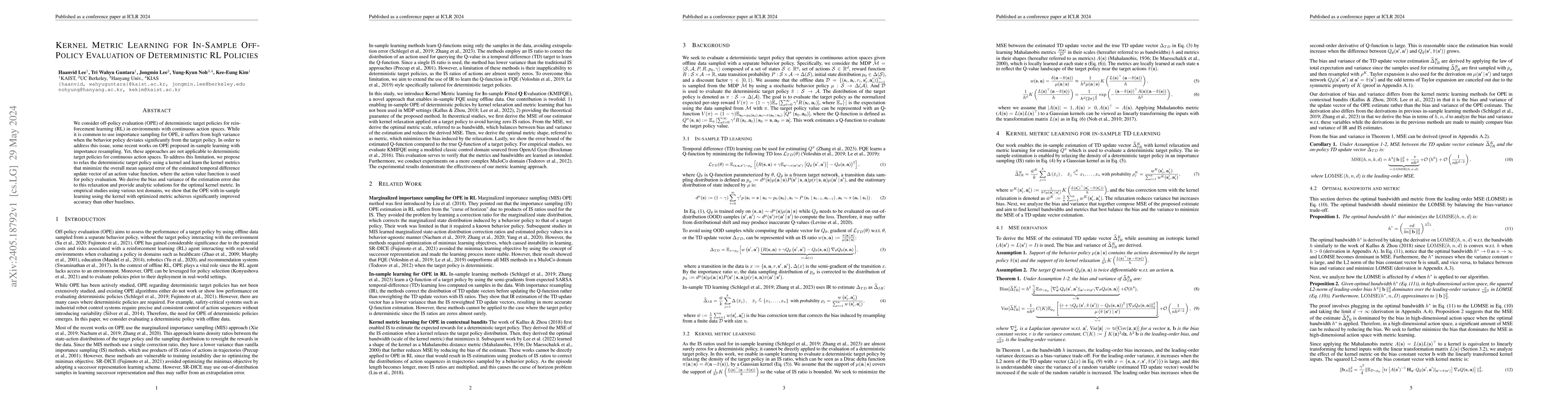 Thumbnail for Kernel Metric Learning for In-Sample Off-Policy Evaluation of
  Deterministic RL Policies