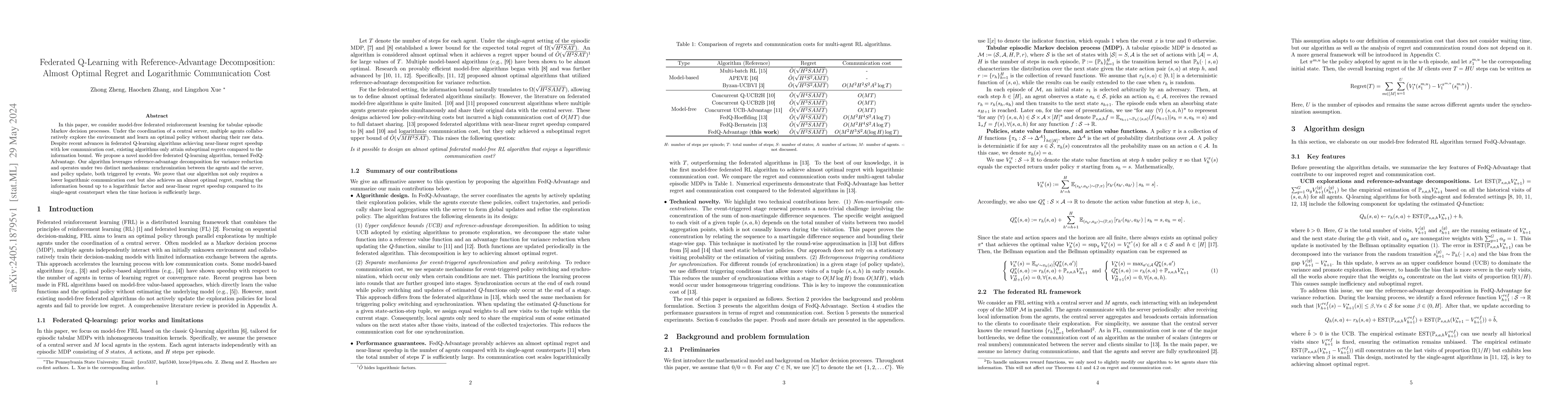 Thumbnail for Federated Q-Learning with Reference-Advantage Decomposition: Almost
  Optimal Regret and Logarithmic Communication Cost