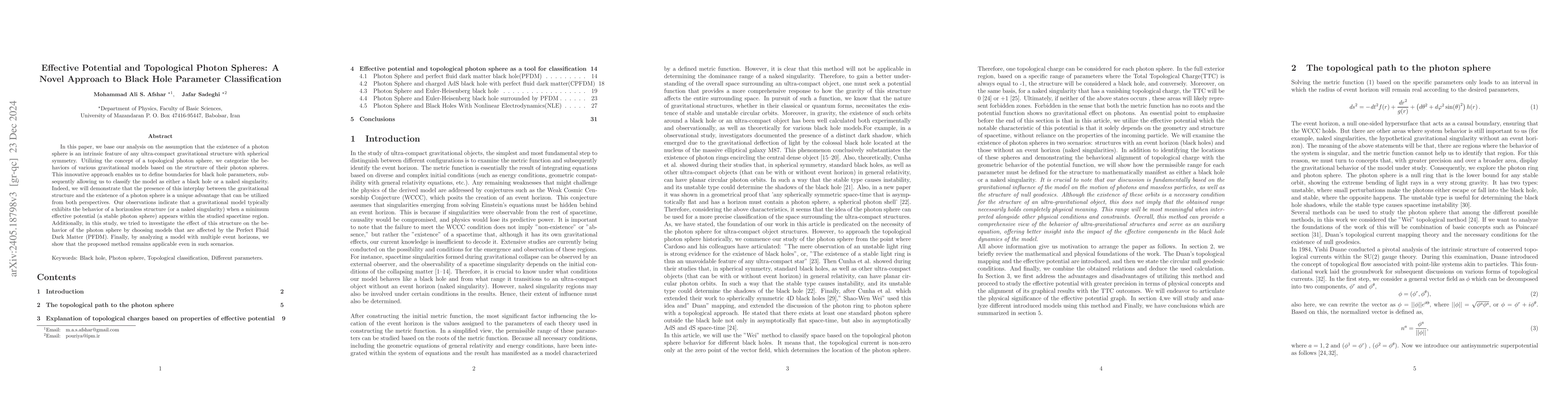 Thumbnail for Effective Potential and Topological Photon Spheres: A Novel Approach to
  Black Hole Parameter Classification