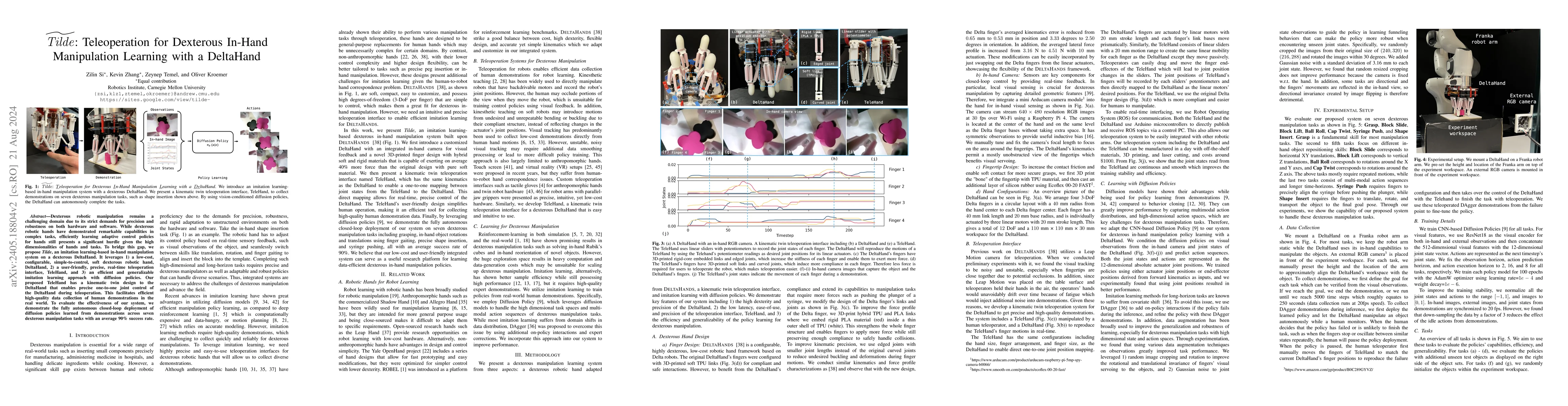 Thumbnail for Tilde: Teleoperation for Dexterous In-Hand Manipulation Learning with a
  DeltaHand