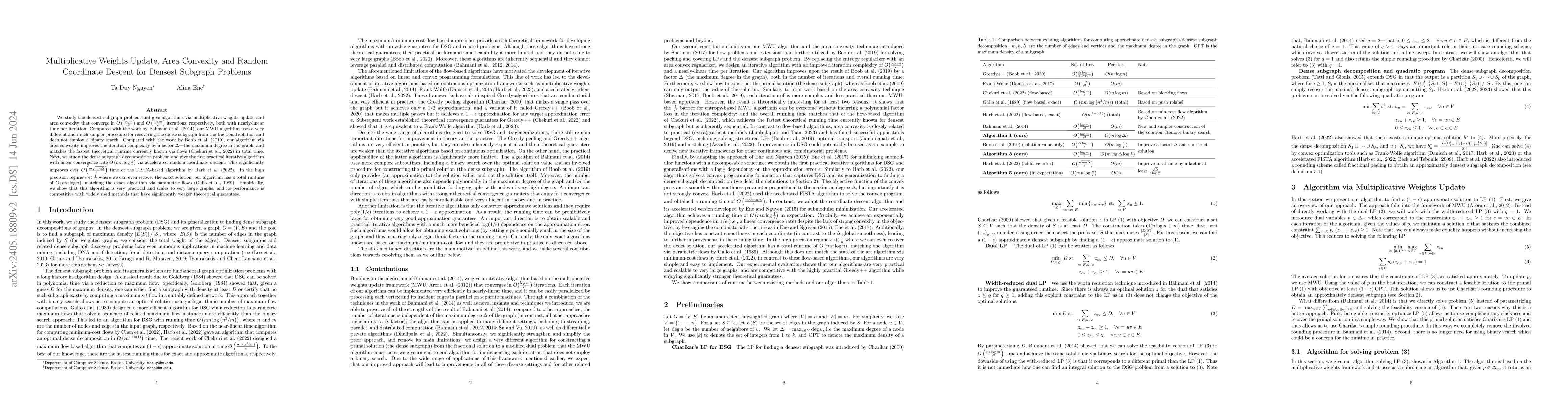 Thumbnail for Multiplicative Weights Update, Area Convexity and Random Coordinate
  Descent for Densest Subgraph Problems