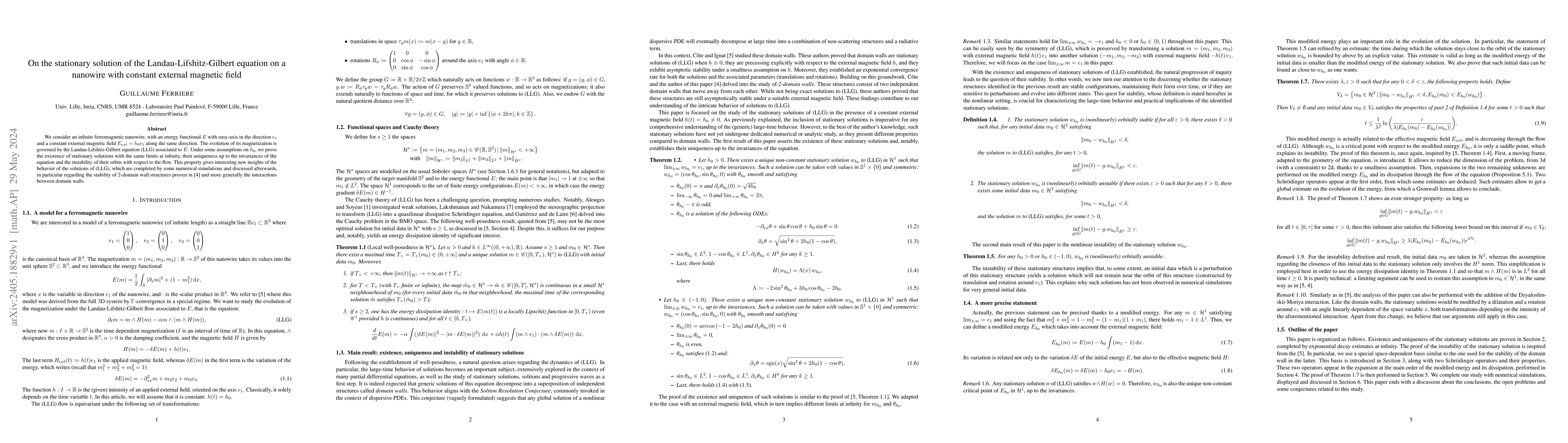 Thumbnail for On the stationary solution of the Landau-Lifshitz-Gilbert equation on a
  nanowire with constant external magnetic field