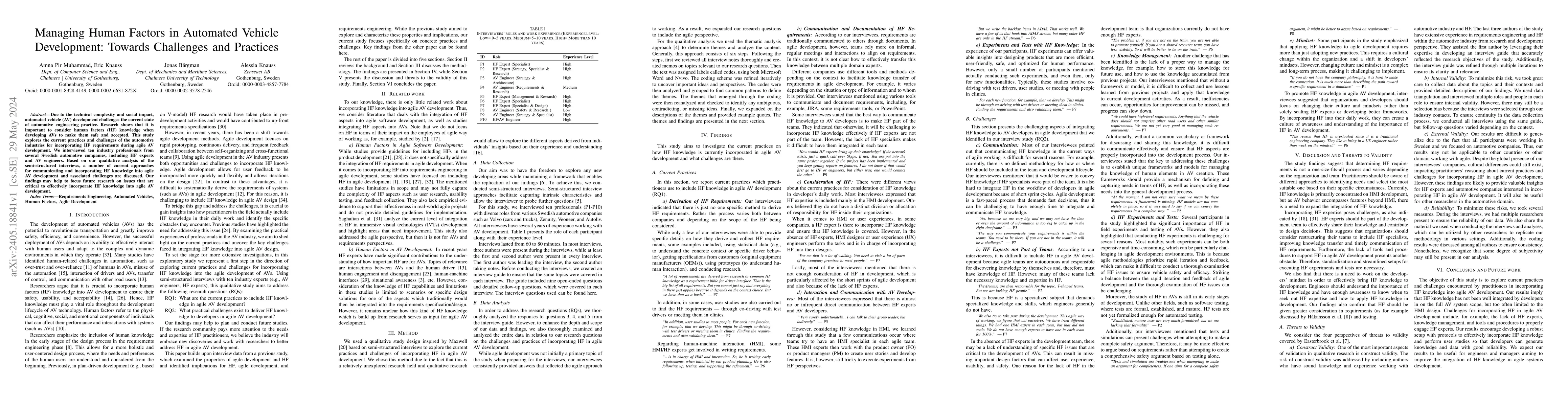 Thumbnail for Managing Human Factors in Automated Vehicle Development: Towards
  Challenges and Practices