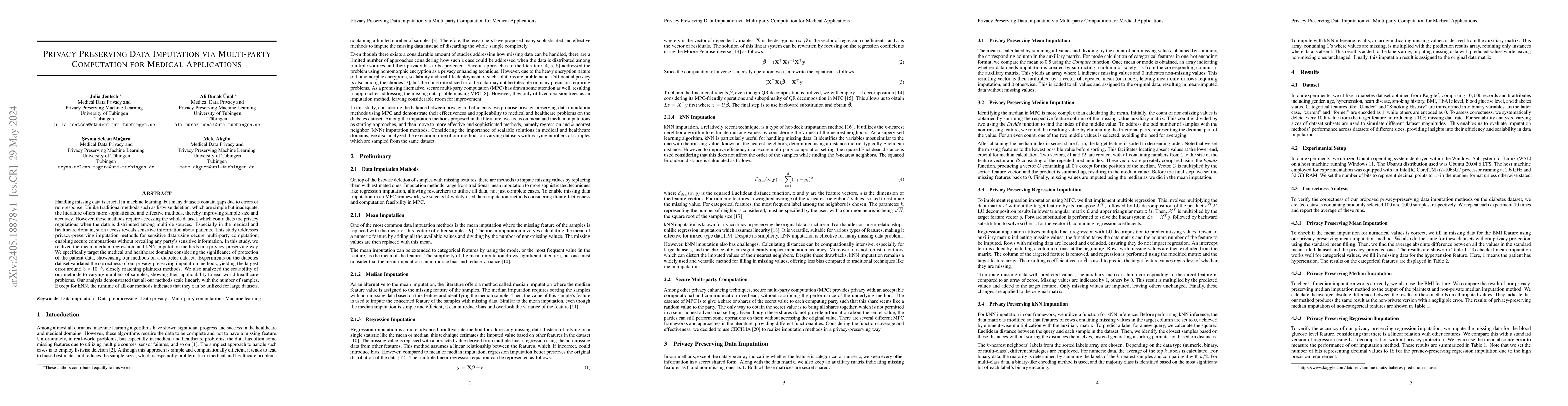Thumbnail for Privacy Preserving Data Imputation via Multi-party Computation for
  Medical Applications