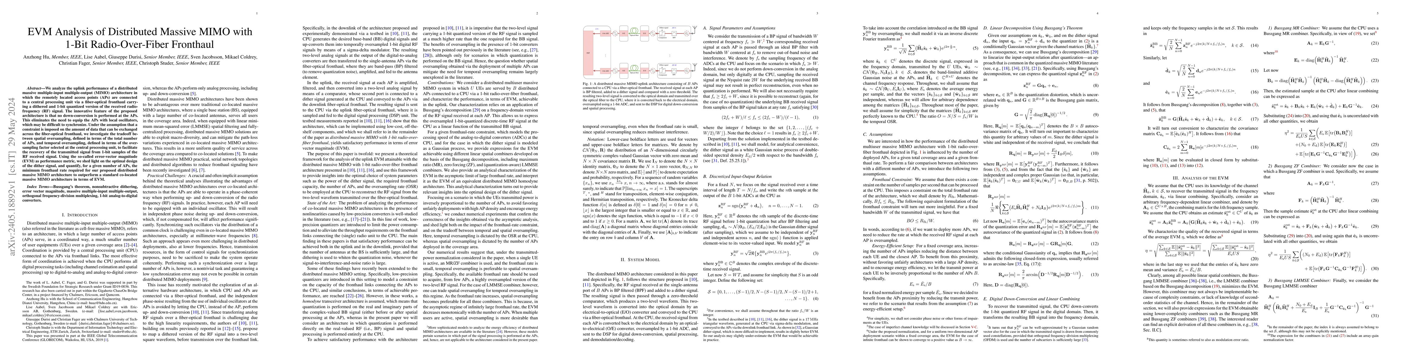 Thumbnail for EVM Analysis of Distributed Massive MIMO with 1-Bit Radio-Over-Fiber
  Fronthaul