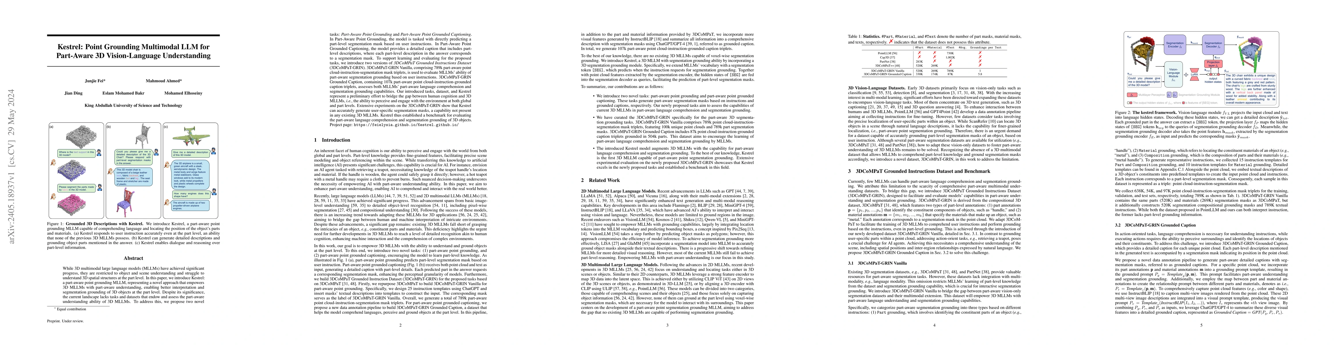 Thumbnail for Kestrel: Point Grounding Multimodal LLM for Part-Aware 3D
  Vision-Language Understanding
