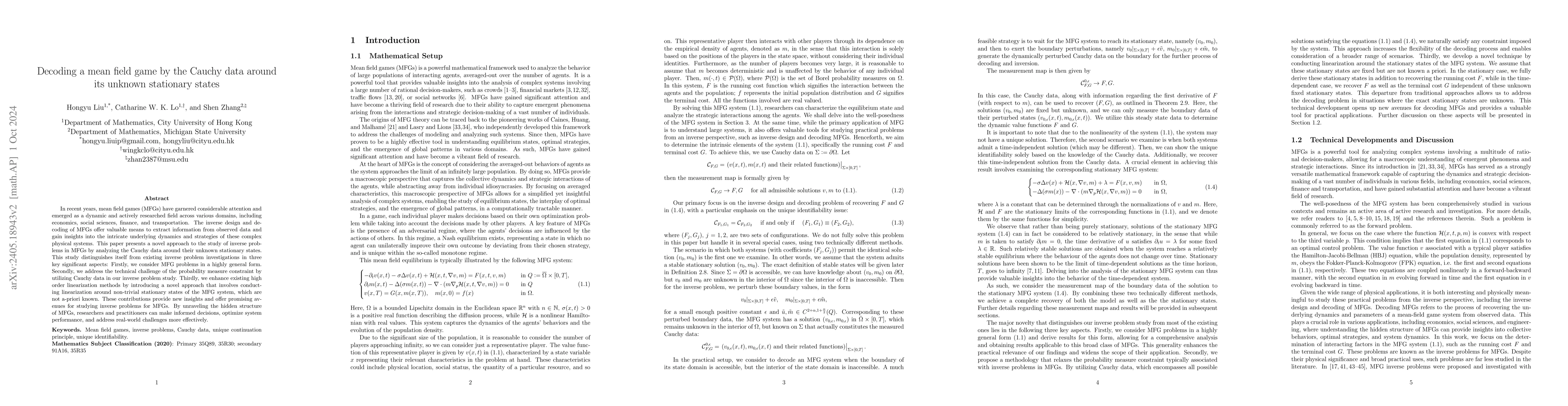Thumbnail for Decoding a mean field game by the Cauchy data around its unknown
  stationary states