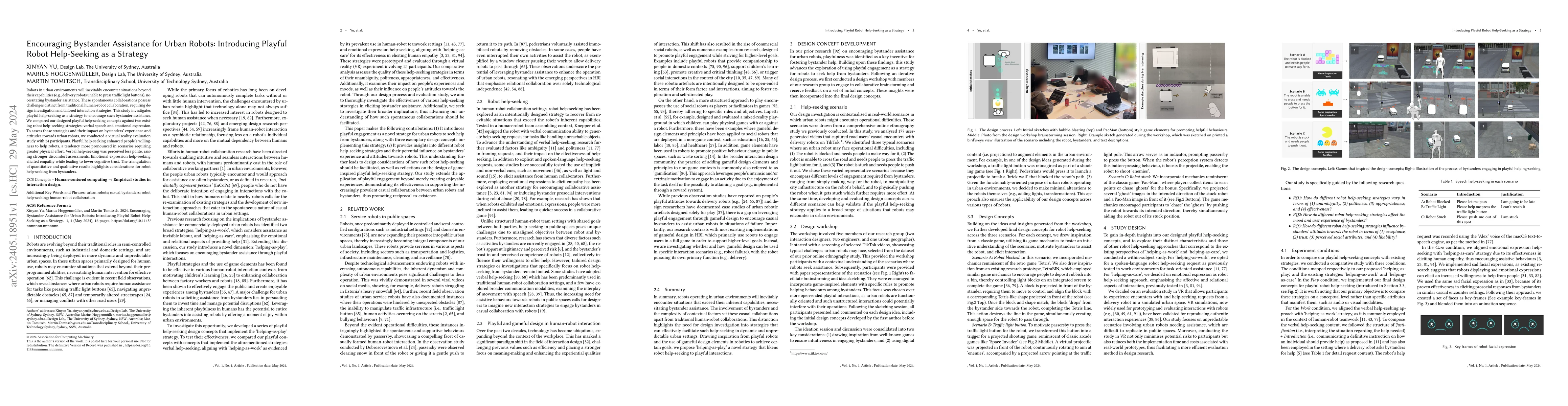 Thumbnail for Encouraging Bystander Assistance for Urban Robots: Introducing Playful
  Robot Help-Seeking as a Strategy