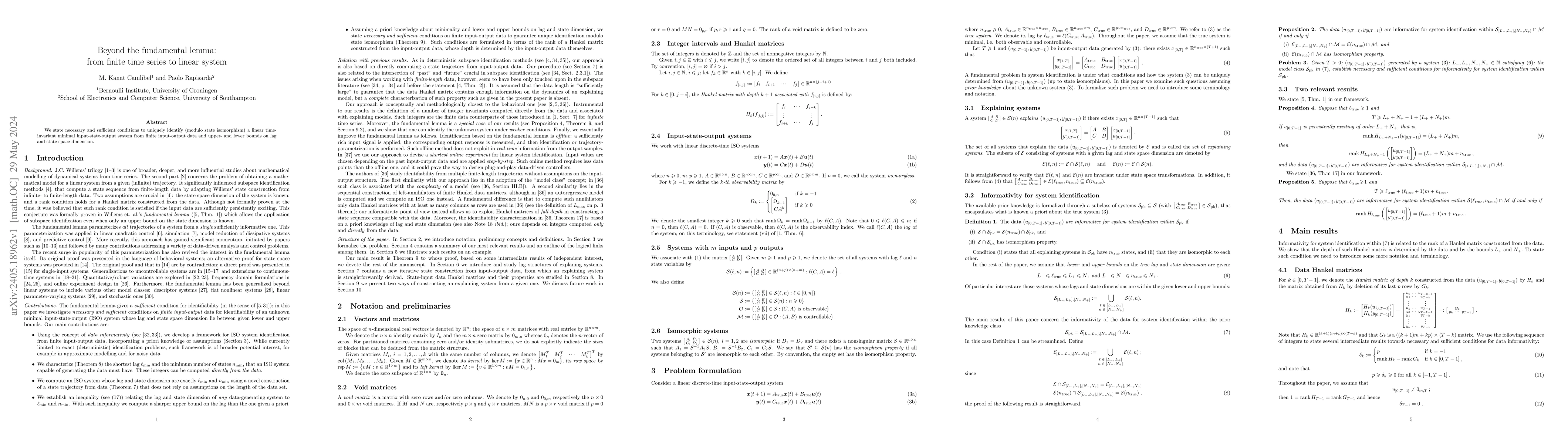 Thumbnail for Beyond the fundamental lemma: from finite time series to linear system