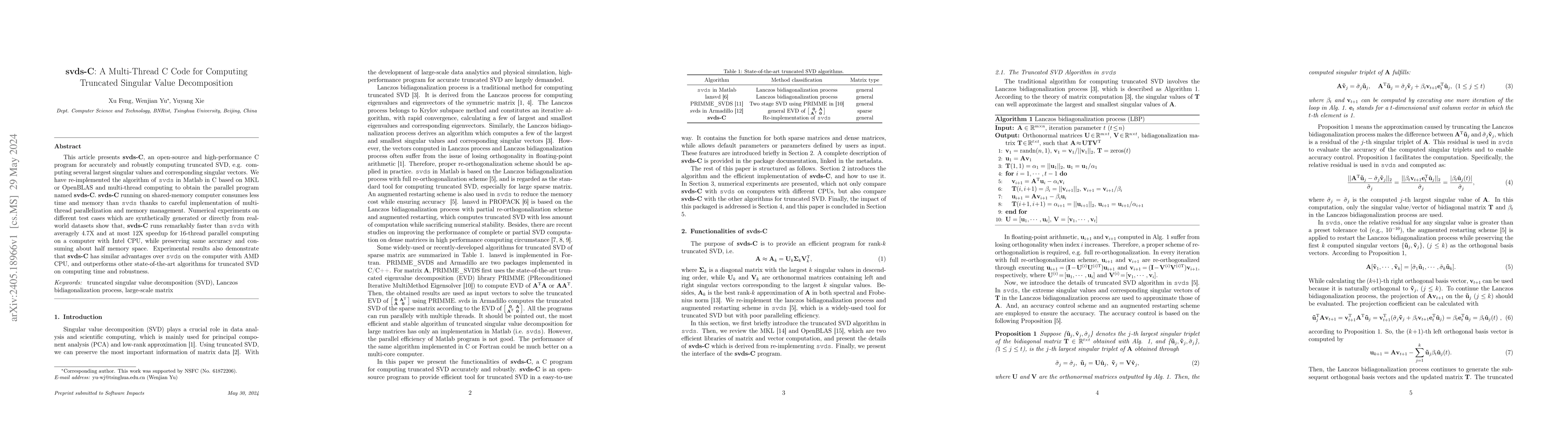 Thumbnail for svds-C: A Multi-Thread C Code for Computing Truncated Singular Value
  Decomposition
